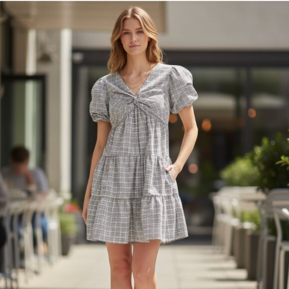 NWT LEVI'S Volume Sleeveless Dress In Katherine Seersucker Plaid Cloud Dancer - Picture 1 of 12